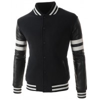 Men Black Slim Fit Fashion Casual Paded Quilting Jacket with Synthetic Leather Sleeves